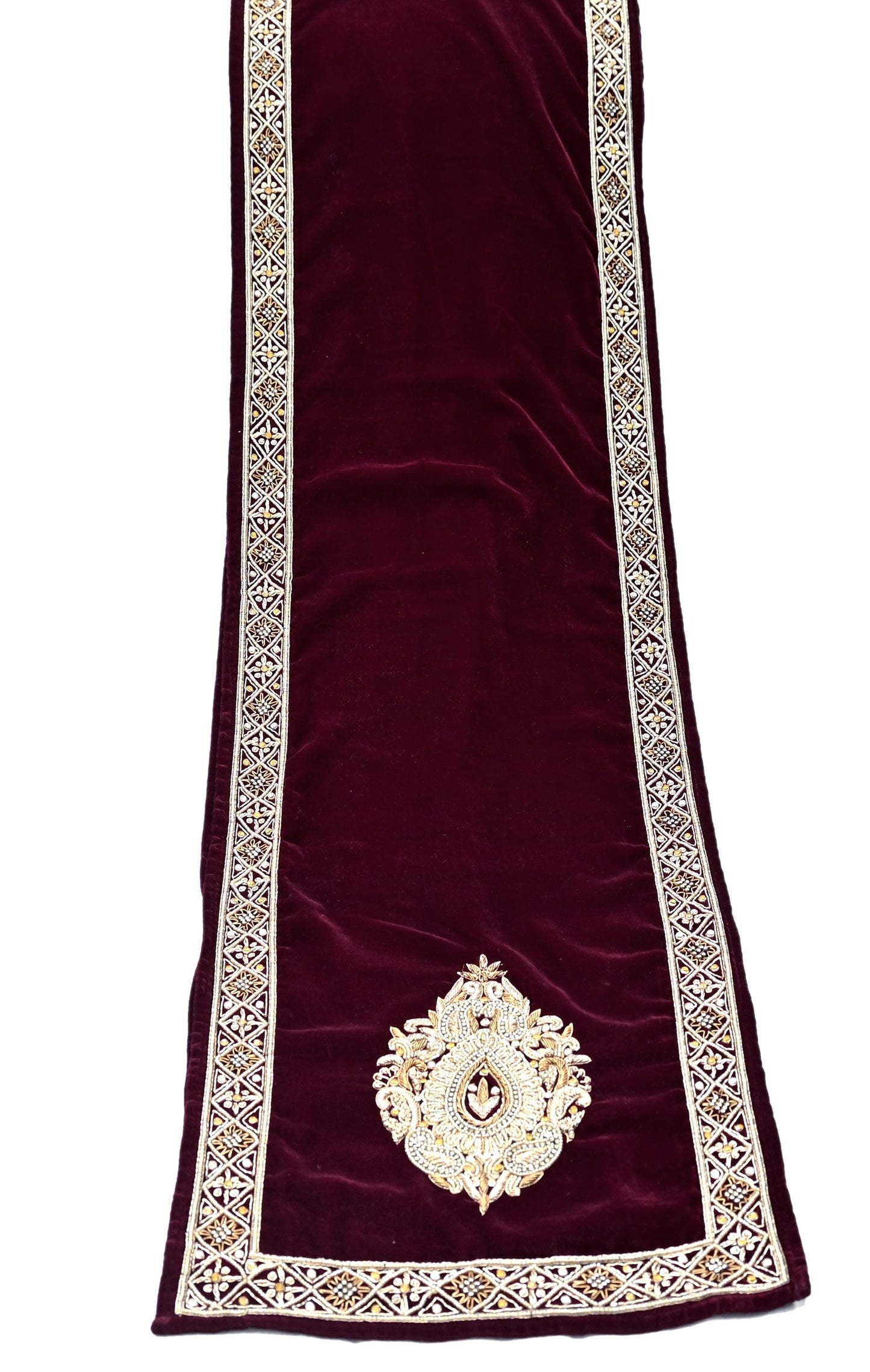 Indian Vintage Maroon Velvet Long Stole Hand Embroidered Scarves Zari Hijab Veil Wrap Bridal Dupatta Paisley