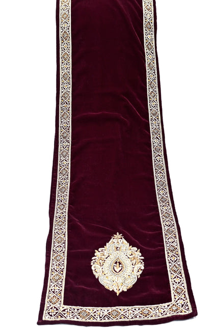 Indian Vintage Maroon Velvet Long Stole Hand Embroidered Scarves Zari Hijab Veil Wrap Bridal Dupatta Paisley