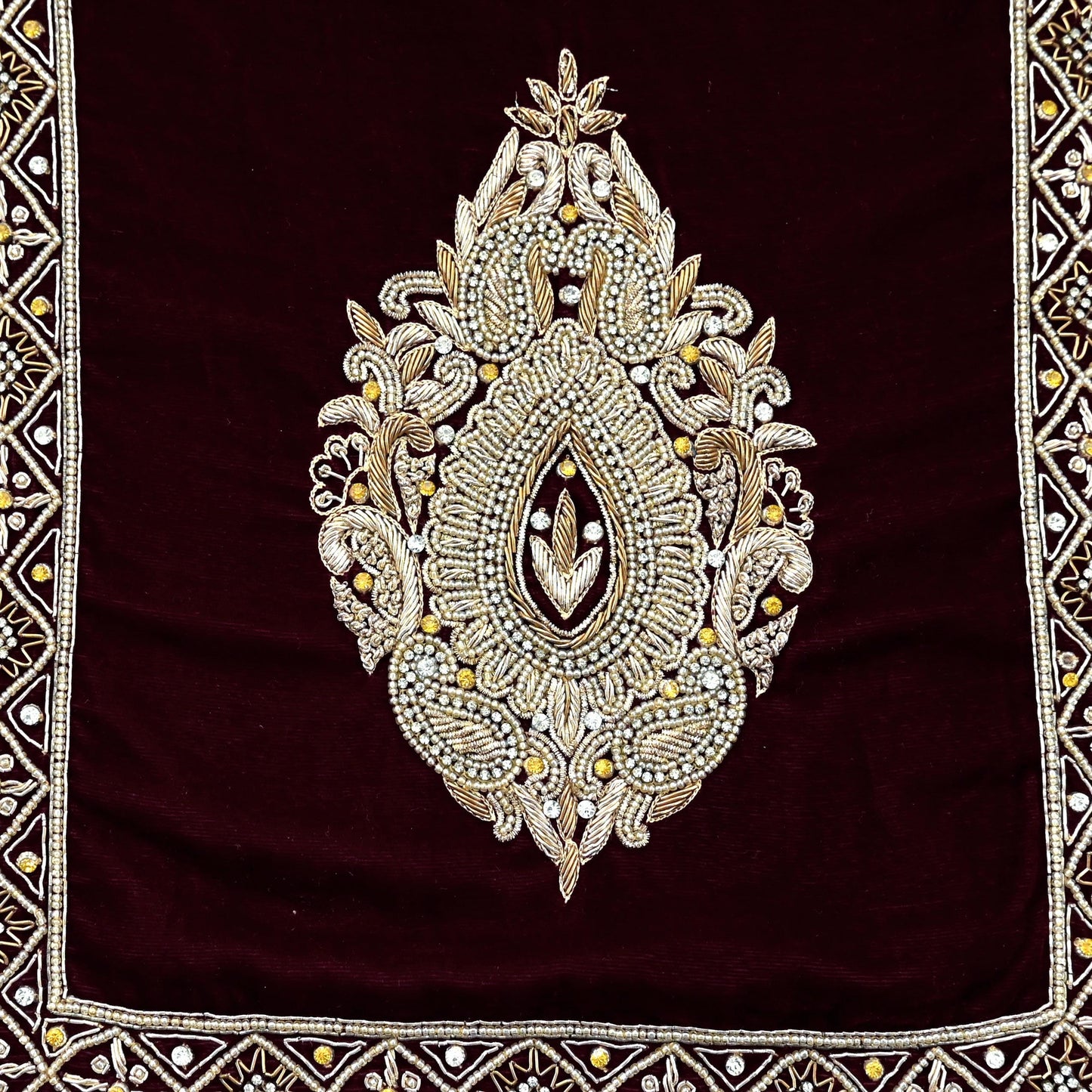 Indian Vintage Maroon Velvet Long Stole Hand Embroidered Scarves Zari Hijab Veil Wrap Bridal Dupatta Paisley