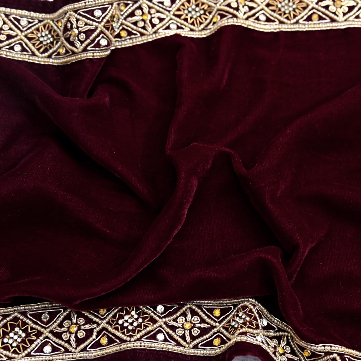 Indian Vintage Maroon Velvet Long Stole Hand Embroidered Scarves Zari Hijab Veil Wrap Bridal Dupatta Paisley