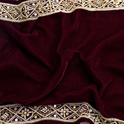 Indian Vintage Maroon Velvet Long Stole Hand Embroidered Scarves Zari Hijab Veil Wrap Bridal Dupatta Paisley