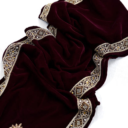 Indian Vintage Maroon Velvet Long Stole Hand Embroidered Scarves Zari Hijab Veil Wrap Bridal Dupatta Paisley