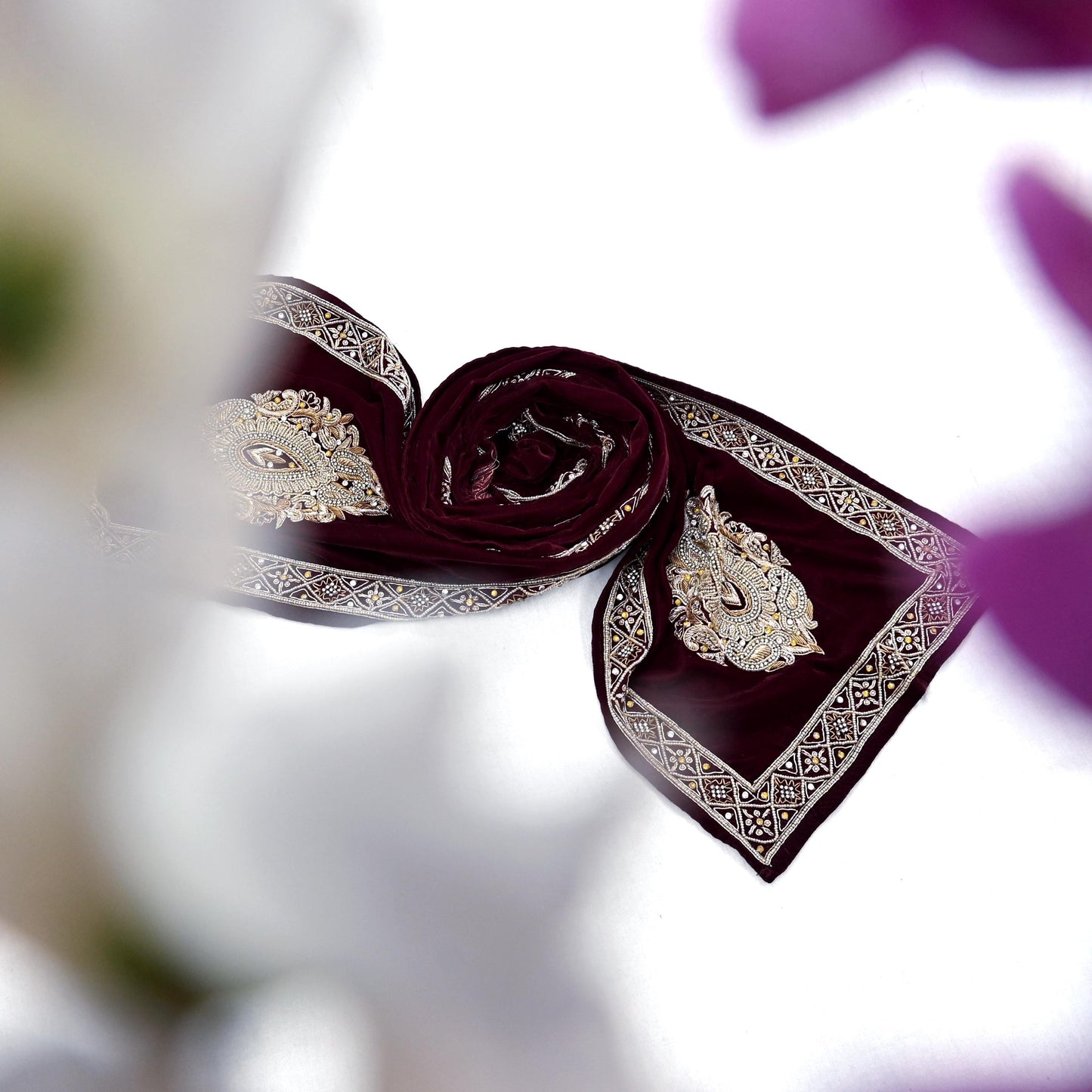 Indian Vintage Maroon Velvet Long Stole Hand Embroidered Scarves Zari Hijab Veil Wrap Bridal Dupatta Paisley