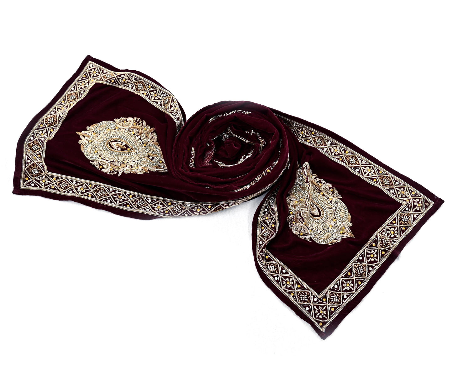 Indian Vintage Maroon Velvet Long Stole Hand Embroidered Scarves Zari Hijab Veil Wrap Bridal Dupatta Paisley