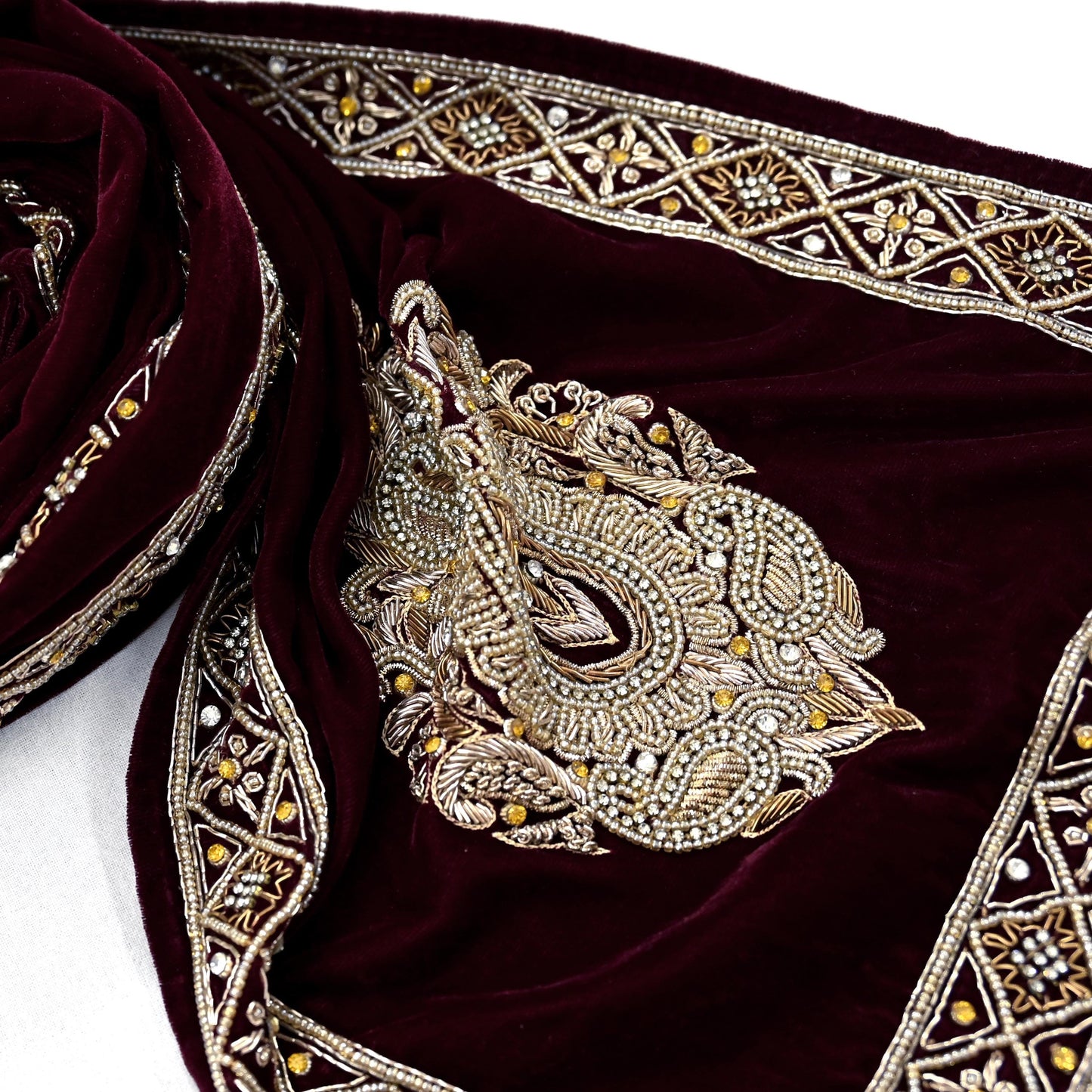 Indian Vintage Maroon Velvet Long Stole Hand Embroidered Scarves Zari Hijab Veil Wrap Bridal Dupatta Paisley