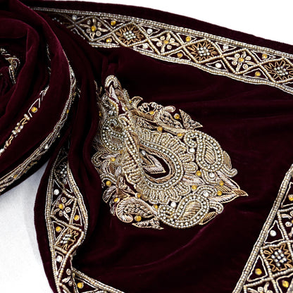 Indian Vintage Maroon Velvet Long Stole Hand Embroidered Scarves Zari Hijab Veil Wrap Bridal Dupatta Paisley