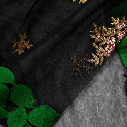 Indian Vintage Black Net Mesh Long Stole Hand Embroidered Scarves Golden Zardozi Zari Sequins Hijab Veil wrap Boho