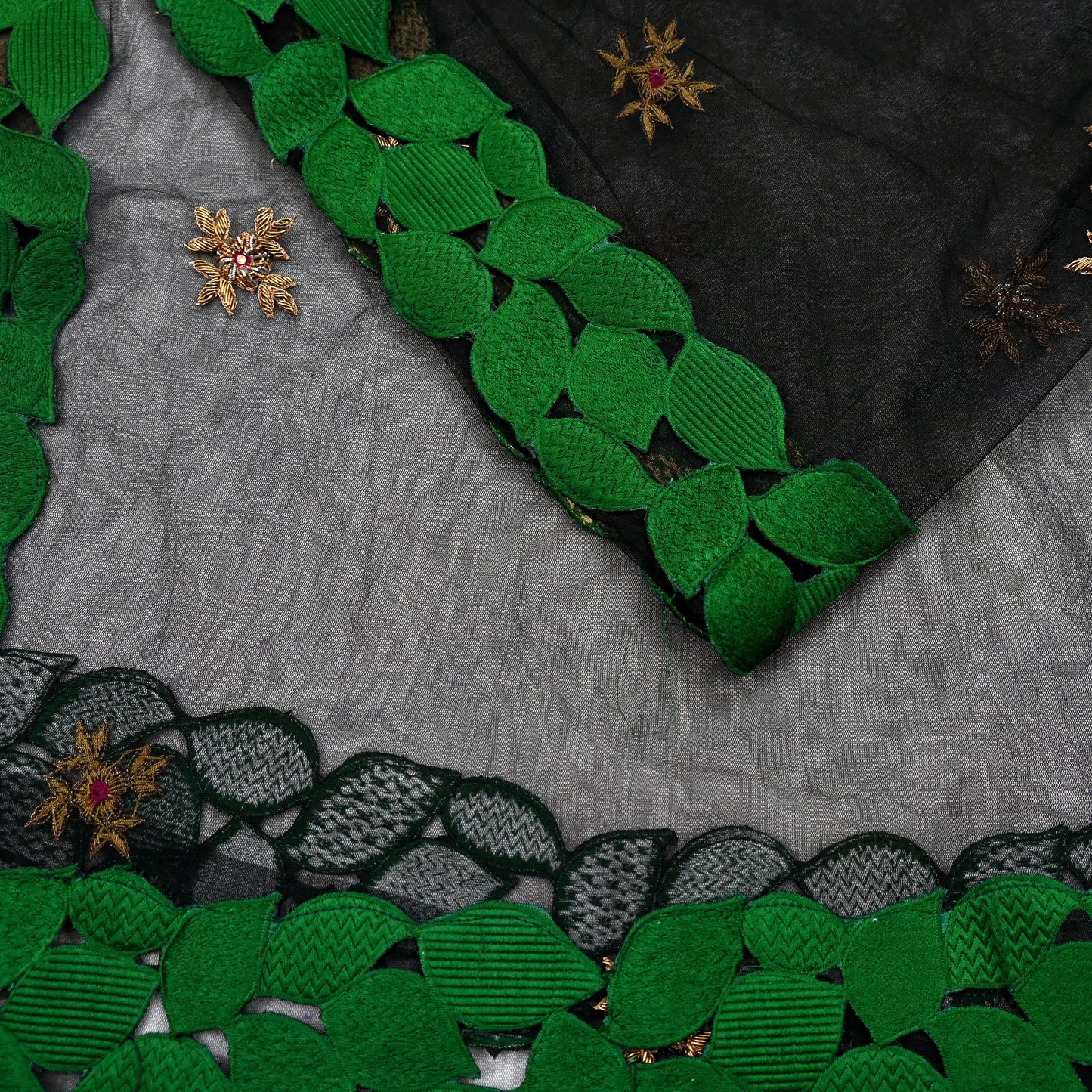 Indian Vintage Black Net Mesh Long Stole Hand Embroidered Scarves Golden Zardozi Zari Sequins Hijab Veil wrap Boho