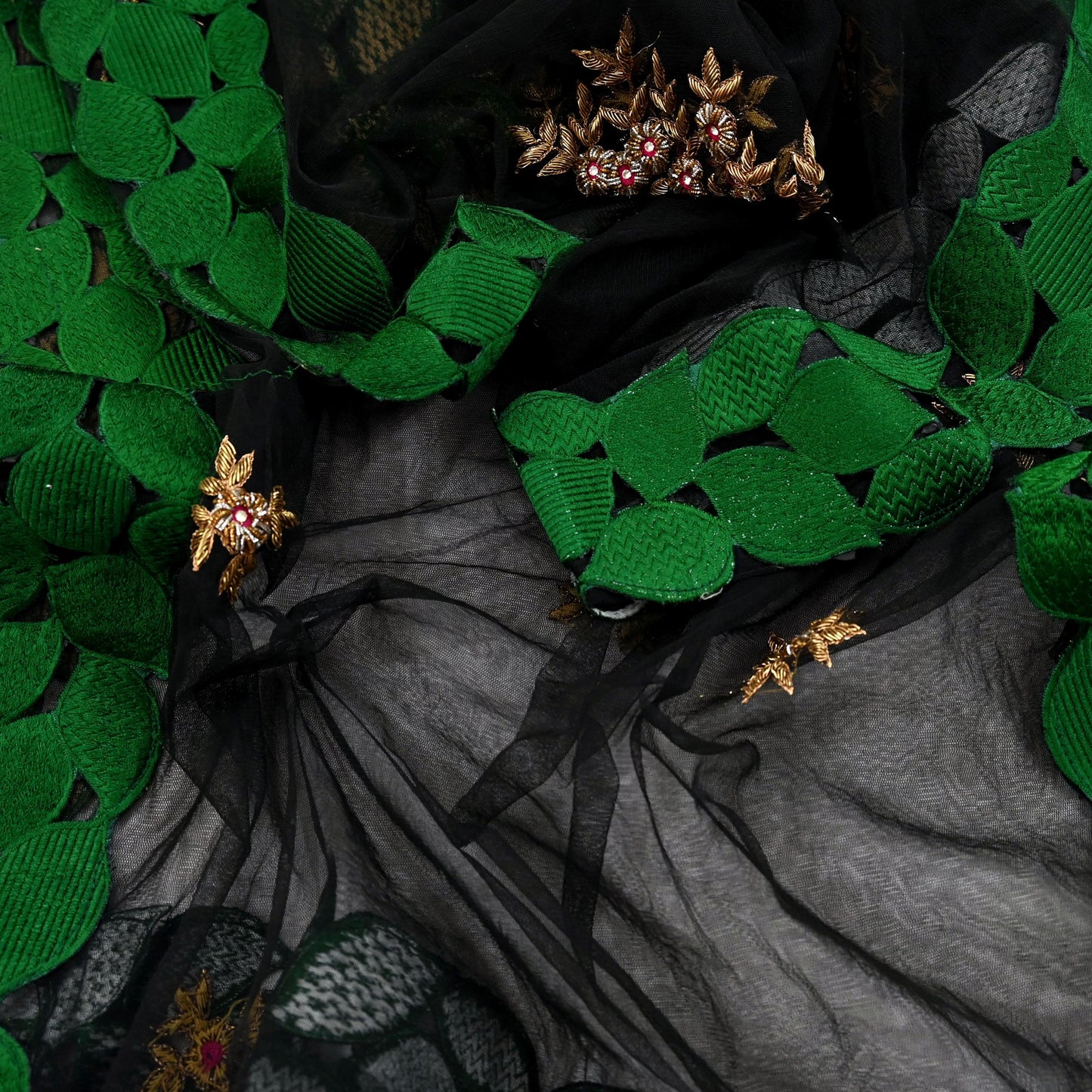 Indian Vintage Black Net Mesh Long Stole Hand Embroidered Scarves Golden Zardozi Zari Sequins Hijab Veil wrap Boho