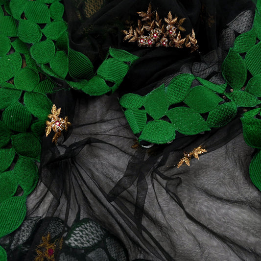 Indian Vintage Black Net Mesh Long Stole Hand Embroidered Scarves Golden Zardozi Zari Sequins Hijab Veil wrap Boho