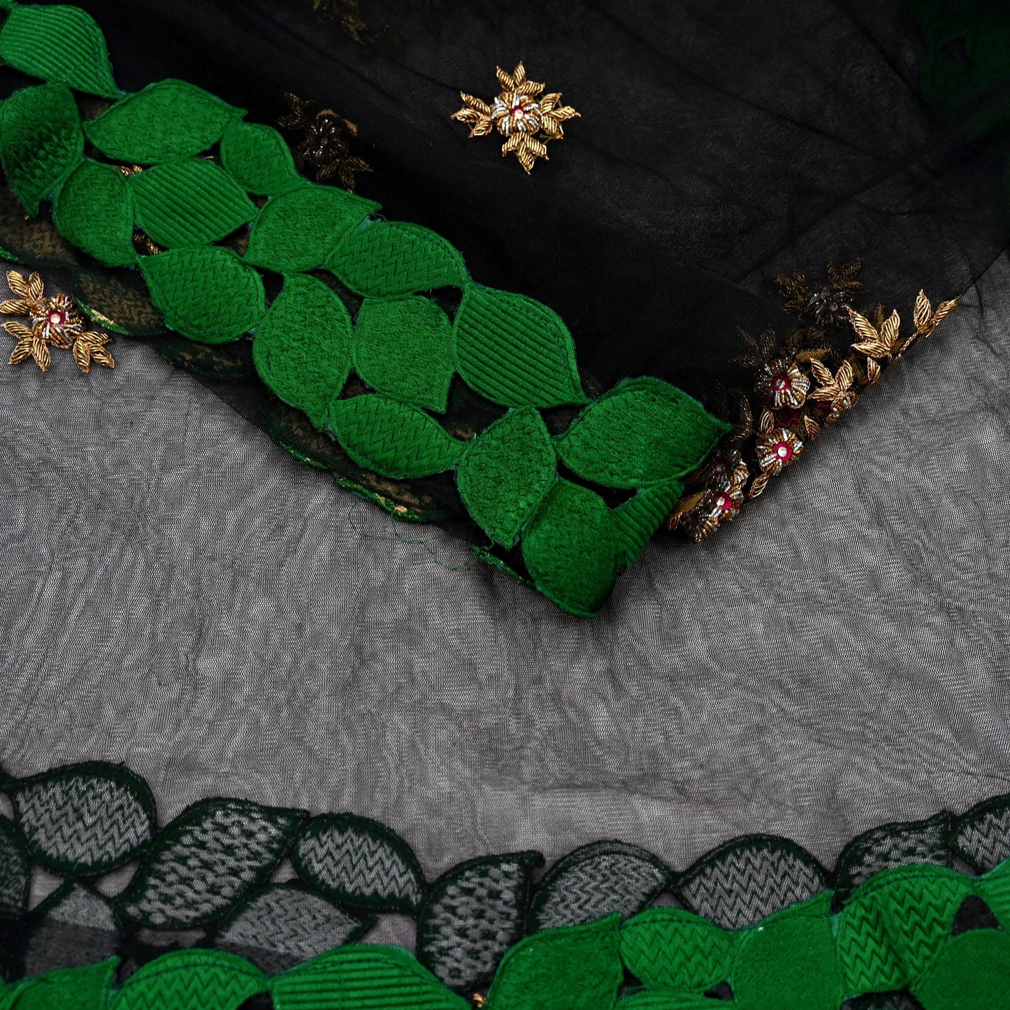 Indian Vintage Black Net Mesh Long Stole Hand Embroidered Scarves Golden Zardozi Zari Sequins Hijab Veil wrap Boho