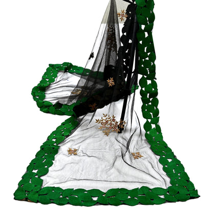 Indian Vintage Black Net Mesh Long Stole Hand Embroidered Scarves Golden Zardozi Zari Sequins Hijab Veil wrap Boho