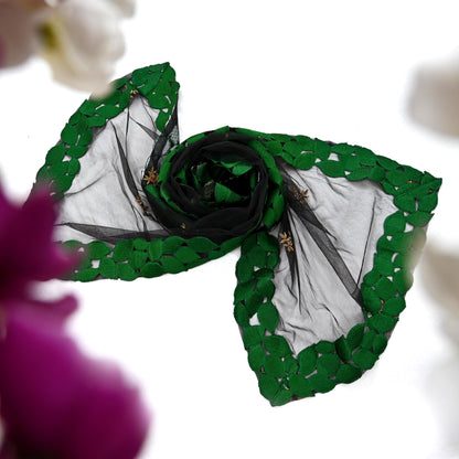 Indian Vintage Black Net Mesh Long Stole Hand Embroidered Scarves Golden Zardozi Zari Sequins Hijab Veil wrap Boho