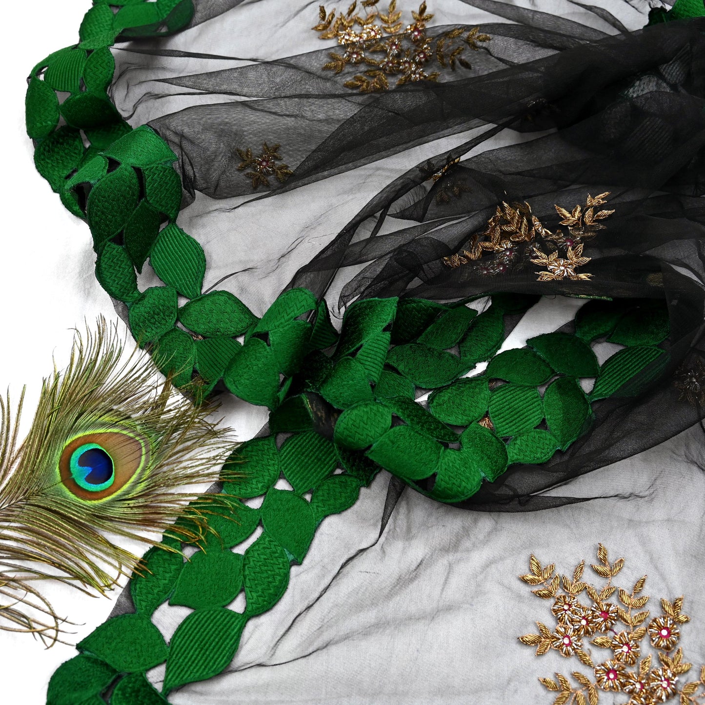 Indian Vintage Black Net Mesh Long Stole Hand Embroidered Scarves Golden Zardozi Zari Sequins Hijab Veil wrap Boho