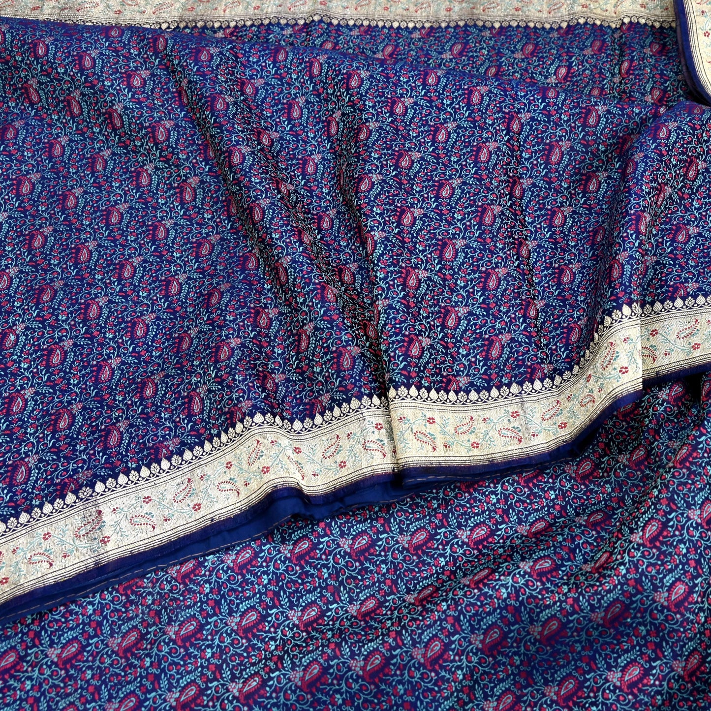 Indian Vintage Sari Blue Heavy Wedding Pure Satin Silk Woven Banarasi Tanchoi Saree 5Yd Ethnic Craft Fabric Upcycle Bridal Heavy Sarees