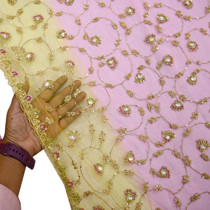 Indian Vintage Heavy Bridal Dupatta Pink & yellow Net Mesh Long Stole Hand Embroidered Scarves Sequins Glass Bead Wedding veil Wrap Boho