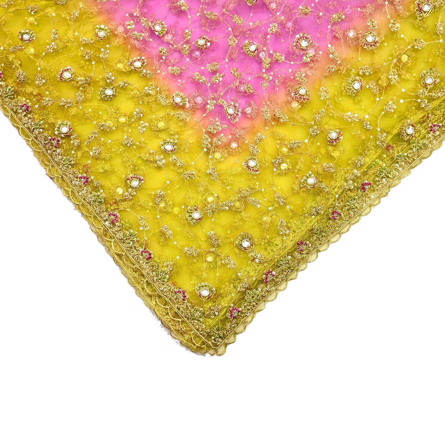 Indian Vintage Heavy Bridal Dupatta Pink & yellow Net Mesh Long Stole Hand Embroidered Scarves Sequins Glass Bead Wedding veil Wrap Boho