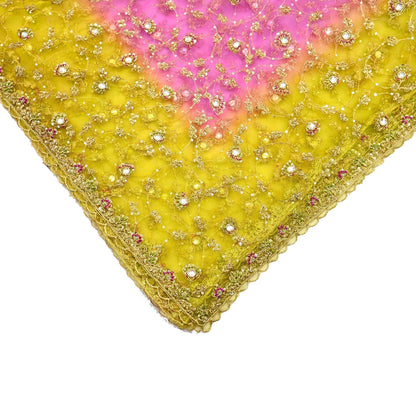Indian Vintage Heavy Bridal Dupatta Pink & yellow Net Mesh Long Stole Hand Embroidered Scarves Sequins Glass Bead Wedding veil Wrap Boho