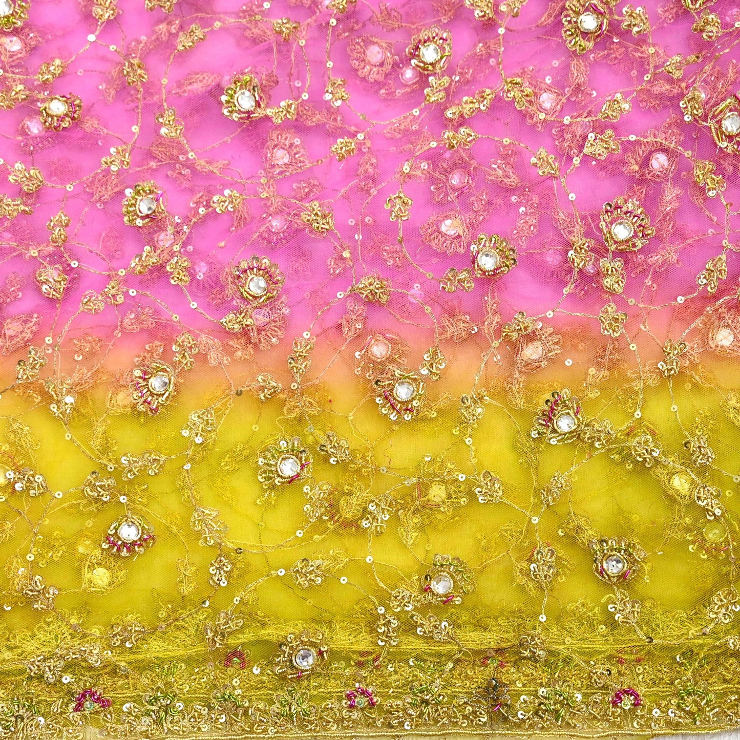 Indian Vintage Heavy Bridal Dupatta Pink & yellow Net Mesh Long Stole Hand Embroidered Scarves Sequins Glass Bead Wedding veil Wrap Boho