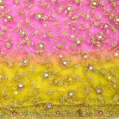Indian Vintage Heavy Bridal Dupatta Pink & yellow Net Mesh Long Stole Hand Embroidered Scarves Sequins Glass Bead Wedding veil Wrap Boho
