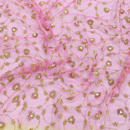 Indian Vintage Heavy Bridal Dupatta Pink & yellow Net Mesh Long Stole Hand Embroidered Scarves Sequins Glass Bead Wedding veil Wrap Boho