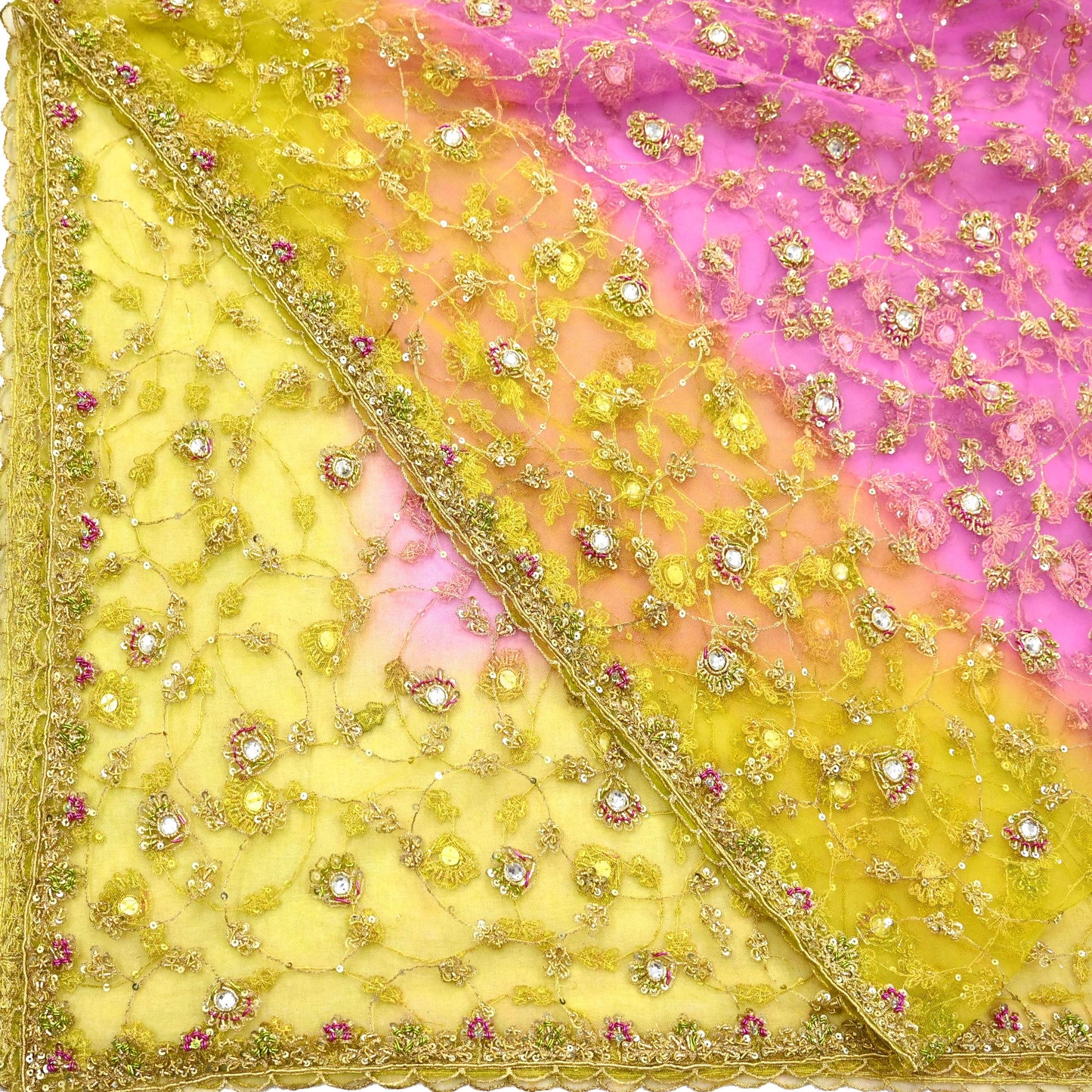 Indian Vintage Heavy Bridal Dupatta Pink & yellow Net Mesh Long Stole Hand Embroidered Scarves Sequins Glass Bead Wedding veil Wrap Boho