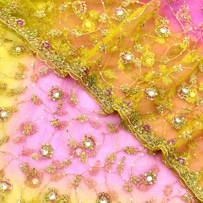 Indian Vintage Heavy Bridal Dupatta Pink & yellow Net Mesh Long Stole Hand Embroidered Scarves Sequins Glass Bead Wedding veil Wrap Boho