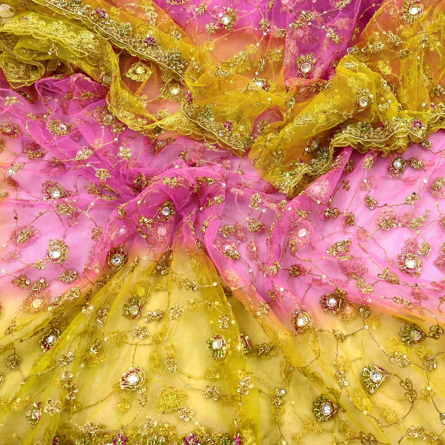 Indian Vintage Heavy Bridal Dupatta Pink & yellow Net Mesh Long Stole Hand Embroidered Scarves Sequins Glass Bead Wedding veil Wrap Boho