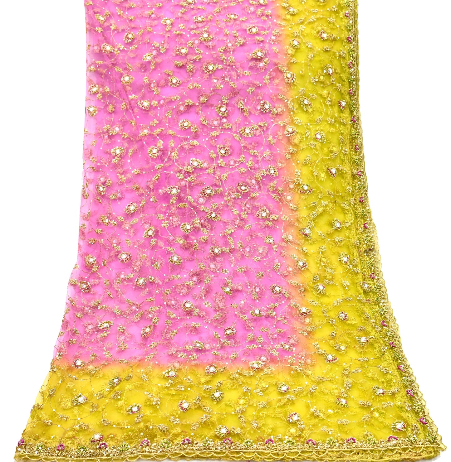 Indian Vintage Heavy Bridal Dupatta Pink & yellow Net Mesh Long Stole Hand Embroidered Scarves Sequins Glass Bead Wedding veil Wrap Boho