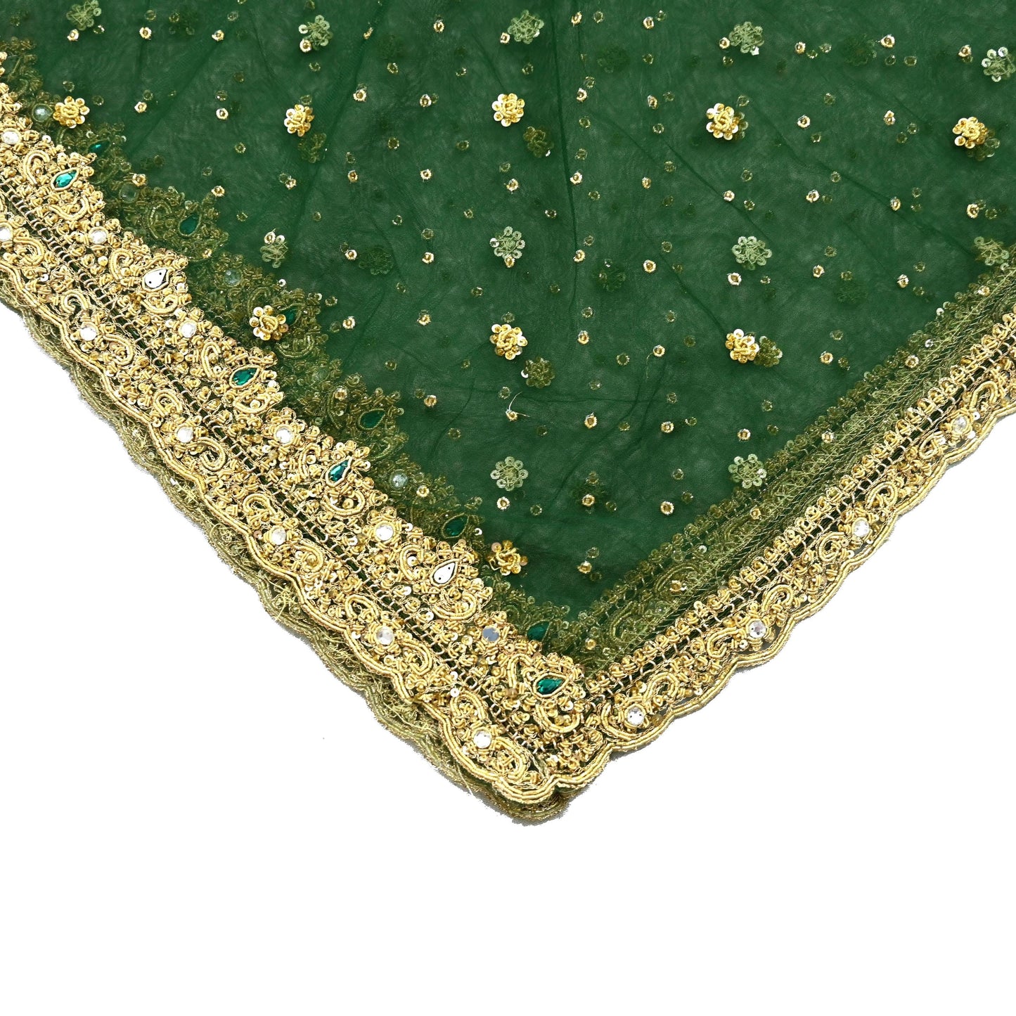 Indian Vintage Heavy Bottle Green Dupatta Net Mesh Long Stole Hand Embroidered Scarves Golden Zardozi Zari Sequins