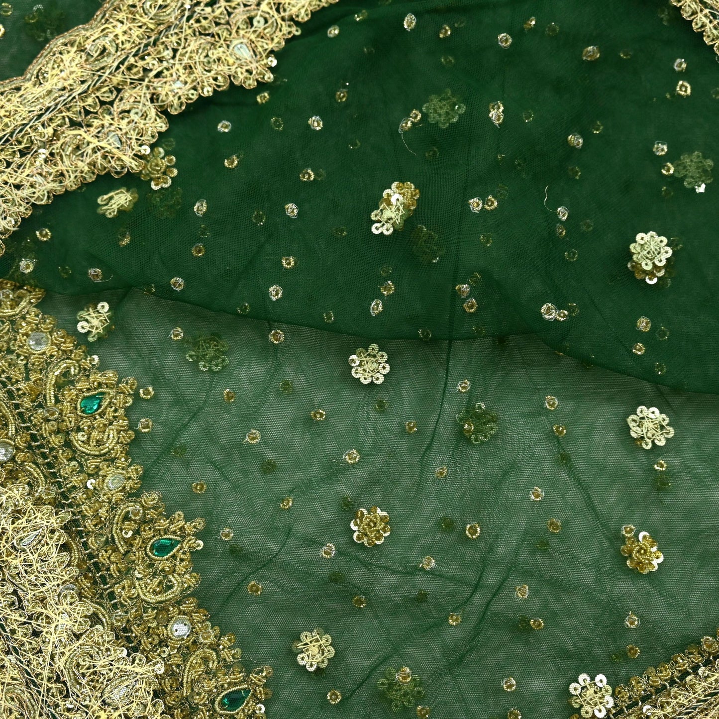 Indian Vintage Heavy Bottle Green Dupatta Net Mesh Long Stole Hand Embroidered Scarves Golden Zardozi Zari Sequins