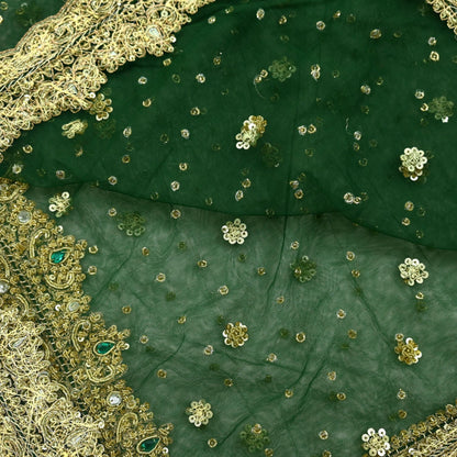 Indian Vintage Heavy Bottle Green Dupatta Net Mesh Long Stole Hand Embroidered Scarves Golden Zardozi Zari Sequins