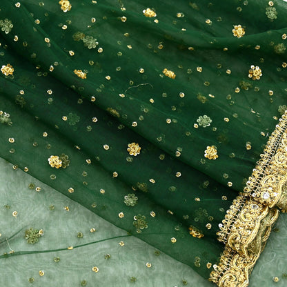 Indian Vintage Heavy Bottle Green Dupatta Net Mesh Long Stole Hand Embroidered Scarves Golden Zardozi Zari Sequins