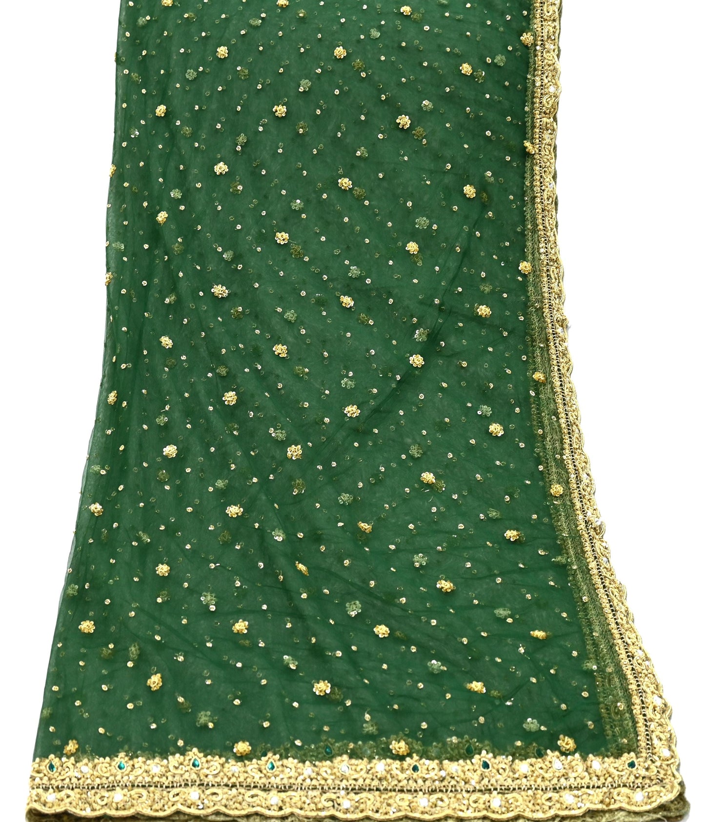 Indian Vintage Heavy Bottle Green Dupatta Net Mesh Long Stole Hand Embroidered Scarves Golden Zardozi Zari Sequins