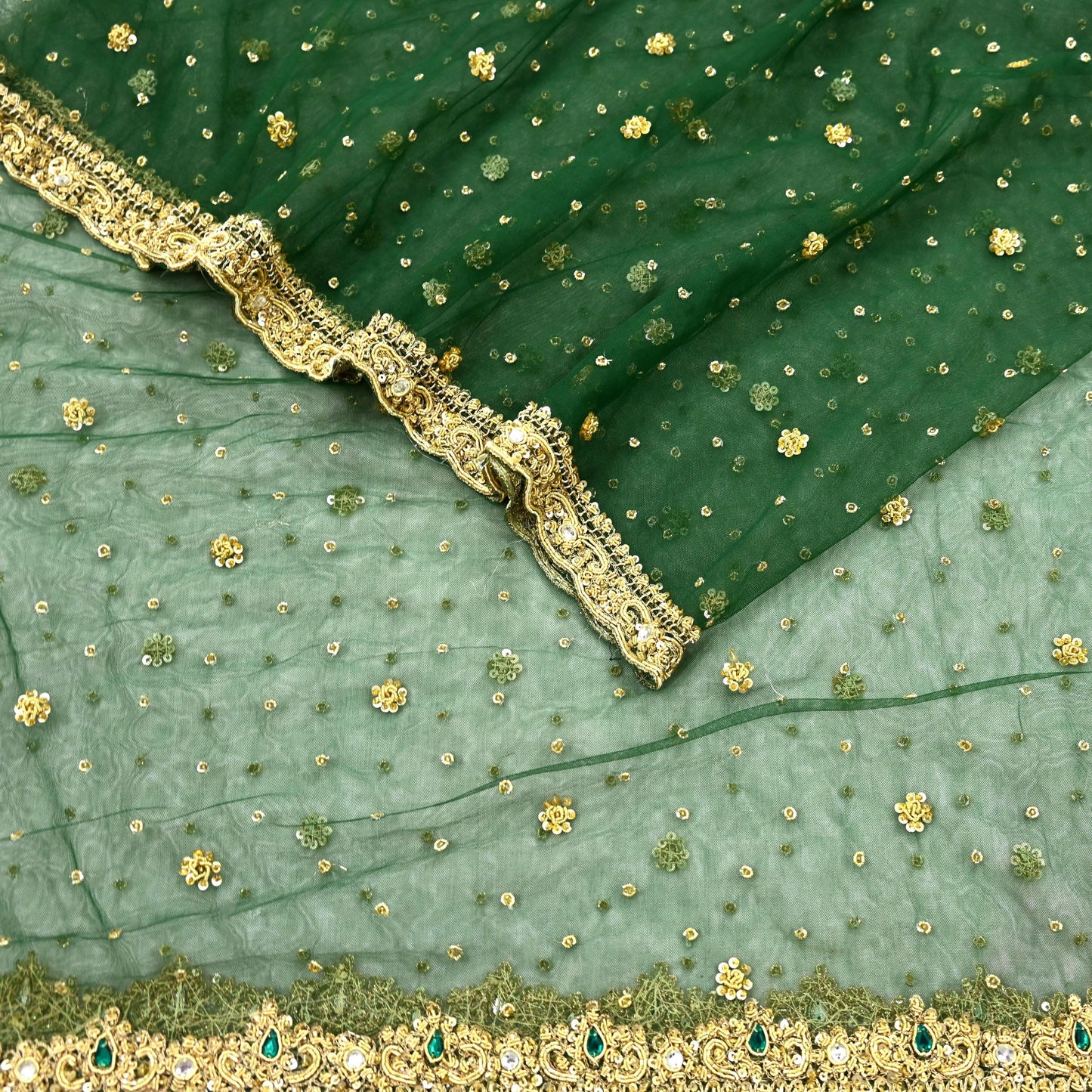 Indian Vintage Heavy Bottle Green Dupatta Net Mesh Long Stole Hand Embroidered Scarves Golden Zardozi Zari Sequins
