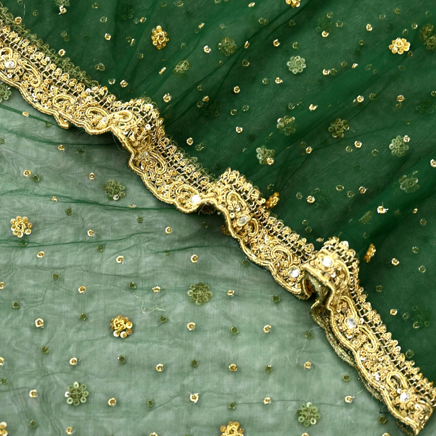 Indian Vintage Heavy Bottle Green Dupatta Net Mesh Long Stole Hand Embroidered Scarves Golden Zardozi Zari Sequins