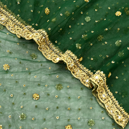 Indian Vintage Heavy Bottle Green Dupatta Net Mesh Long Stole Hand Embroidered Scarves Golden Zardozi Zari Sequins