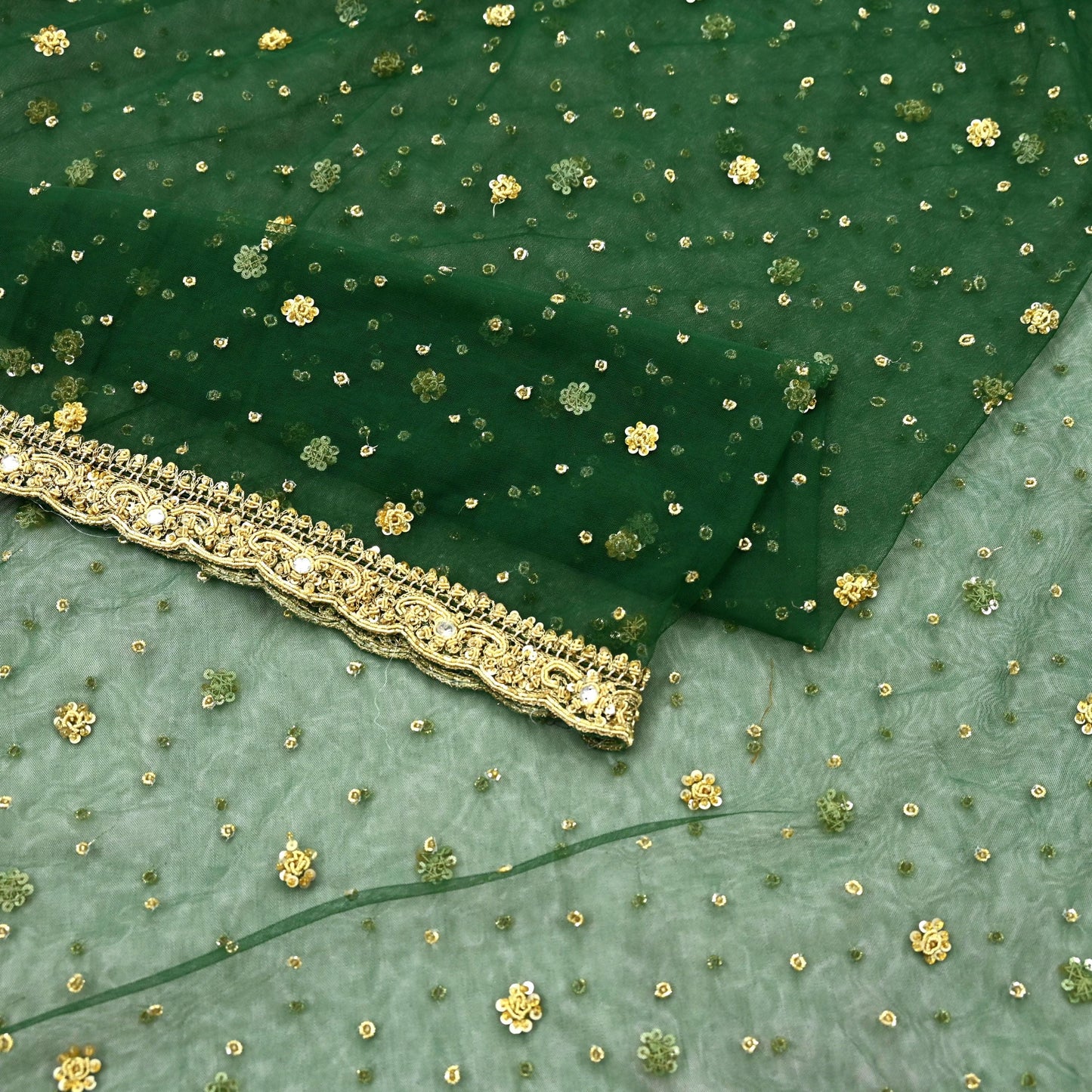 Indian Vintage Heavy Bottle Green Dupatta Net Mesh Long Stole Hand Embroidered Scarves Golden Zardozi Zari Sequins