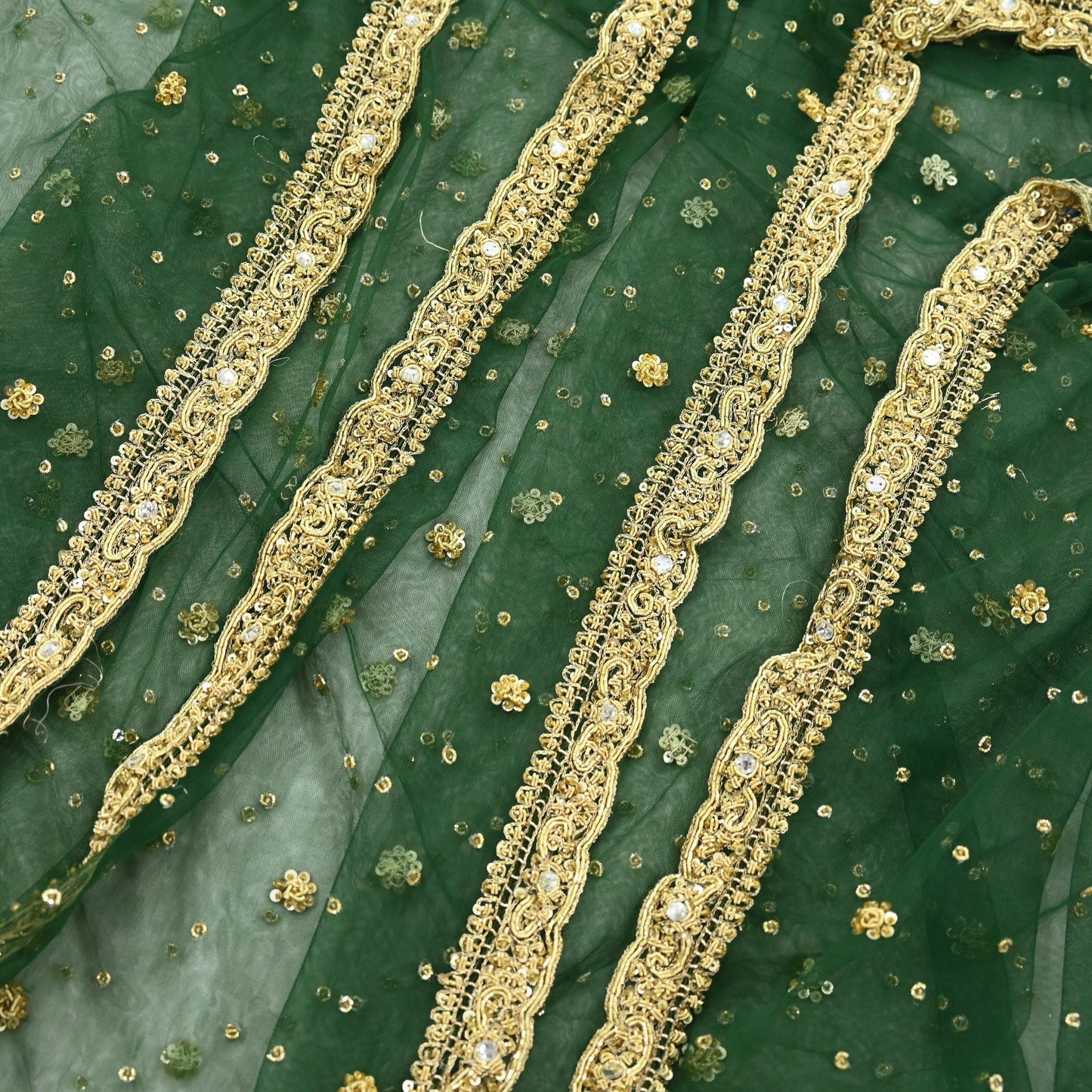 Indian Vintage Heavy Bottle Green Dupatta Net Mesh Long Stole Hand Embroidered Scarves Golden Zardozi Zari Sequins