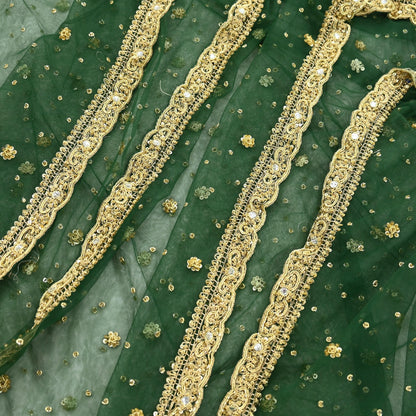 Indian Vintage Heavy Bottle Green Dupatta Net Mesh Long Stole Hand Embroidered Scarves Golden Zardozi Zari Sequins