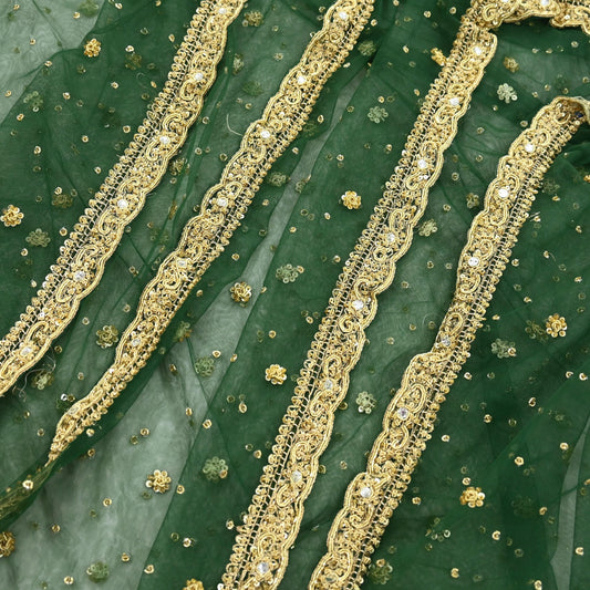 Indian Vintage Heavy Bottle Green Dupatta Net Mesh Long Stole Hand Embroidered Scarves Golden Zardozi Zari Sequins