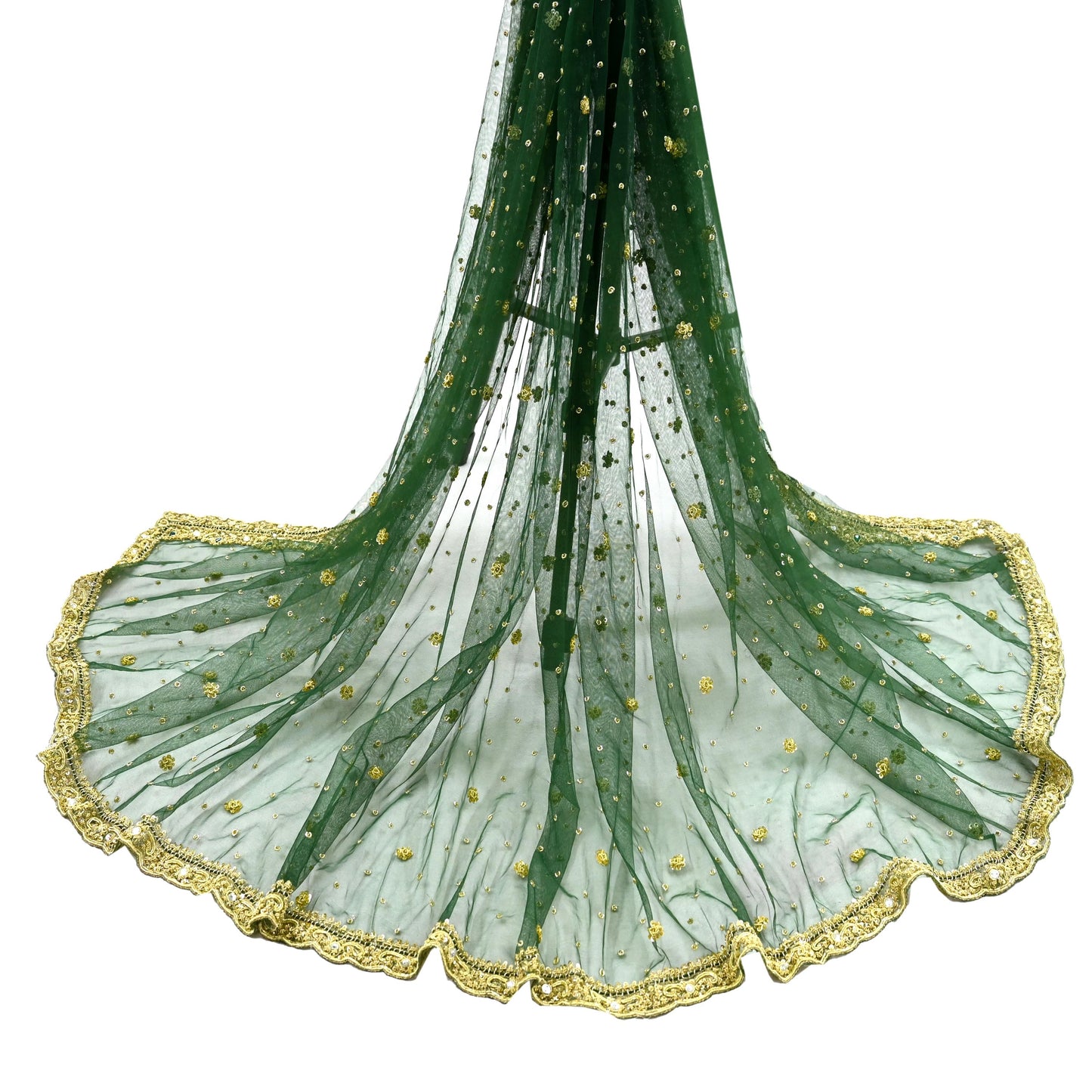 Indian Vintage Heavy Bottle Green Dupatta Net Mesh Long Stole Hand Embroidered Scarves Golden Zardozi Zari Sequins