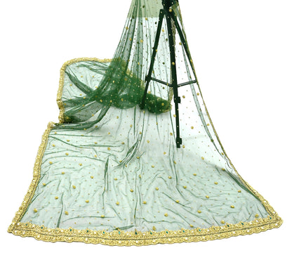 Indian Vintage Heavy Bottle Green Dupatta Net Mesh Long Stole Hand Embroidered Scarves Golden Zardozi Zari Sequins