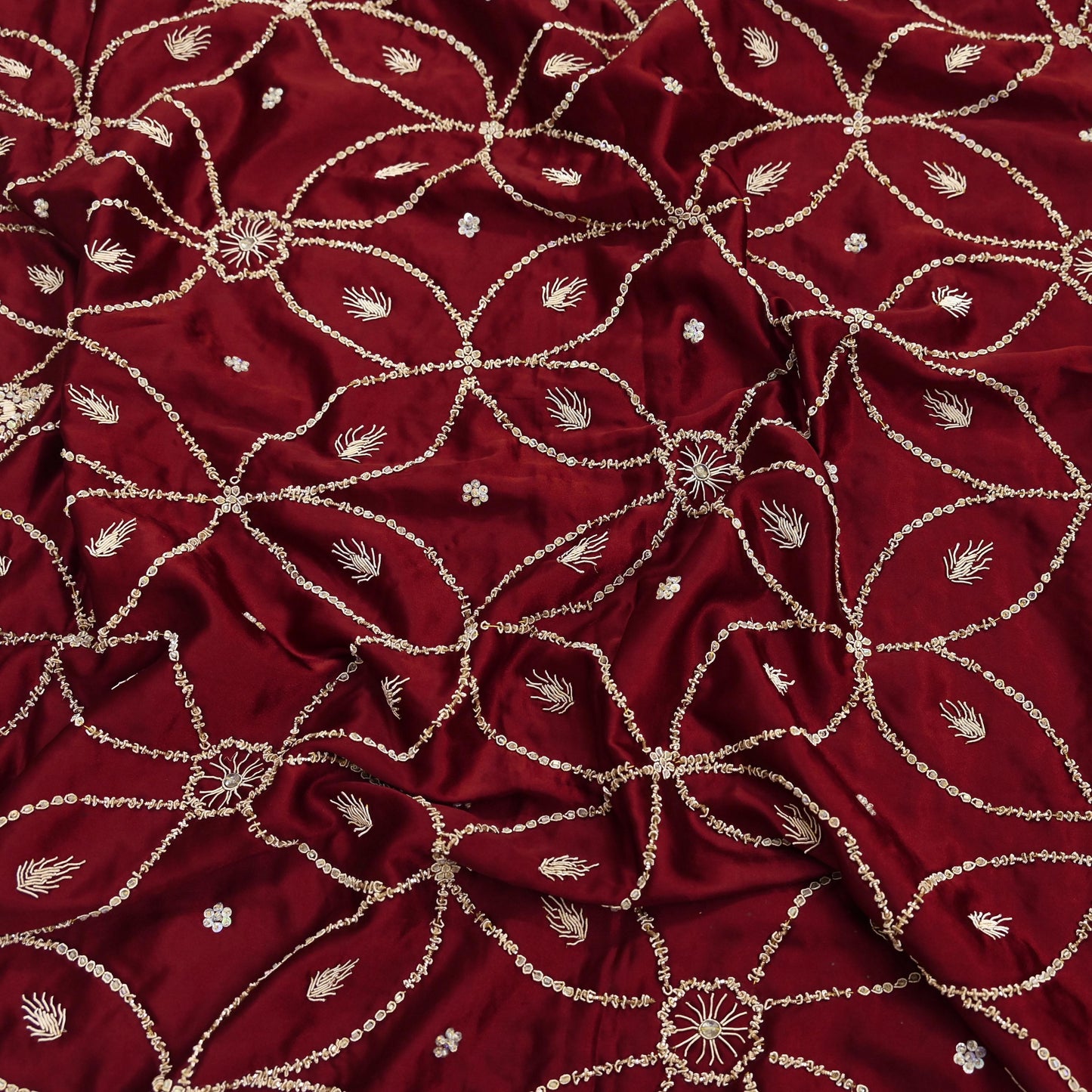 Indian Vintage Heavy Wedding Maroon Dupatta Pure Satin Silk Long Stole Hand Embroidered Scarves Golden Zardozi Bridal Veil