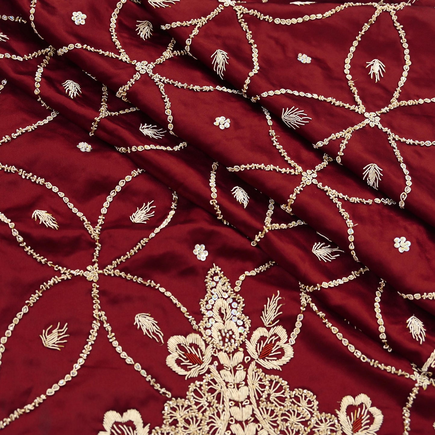 Indian Vintage Heavy Wedding Maroon Dupatta Pure Satin Silk Long Stole Hand Embroidered Scarves Golden Zardozi Bridal Veil