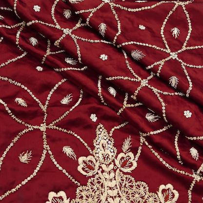 Indian Vintage Heavy Wedding Maroon Dupatta Pure Satin Silk Long Stole Hand Embroidered Scarves Golden Zardozi Bridal Veil