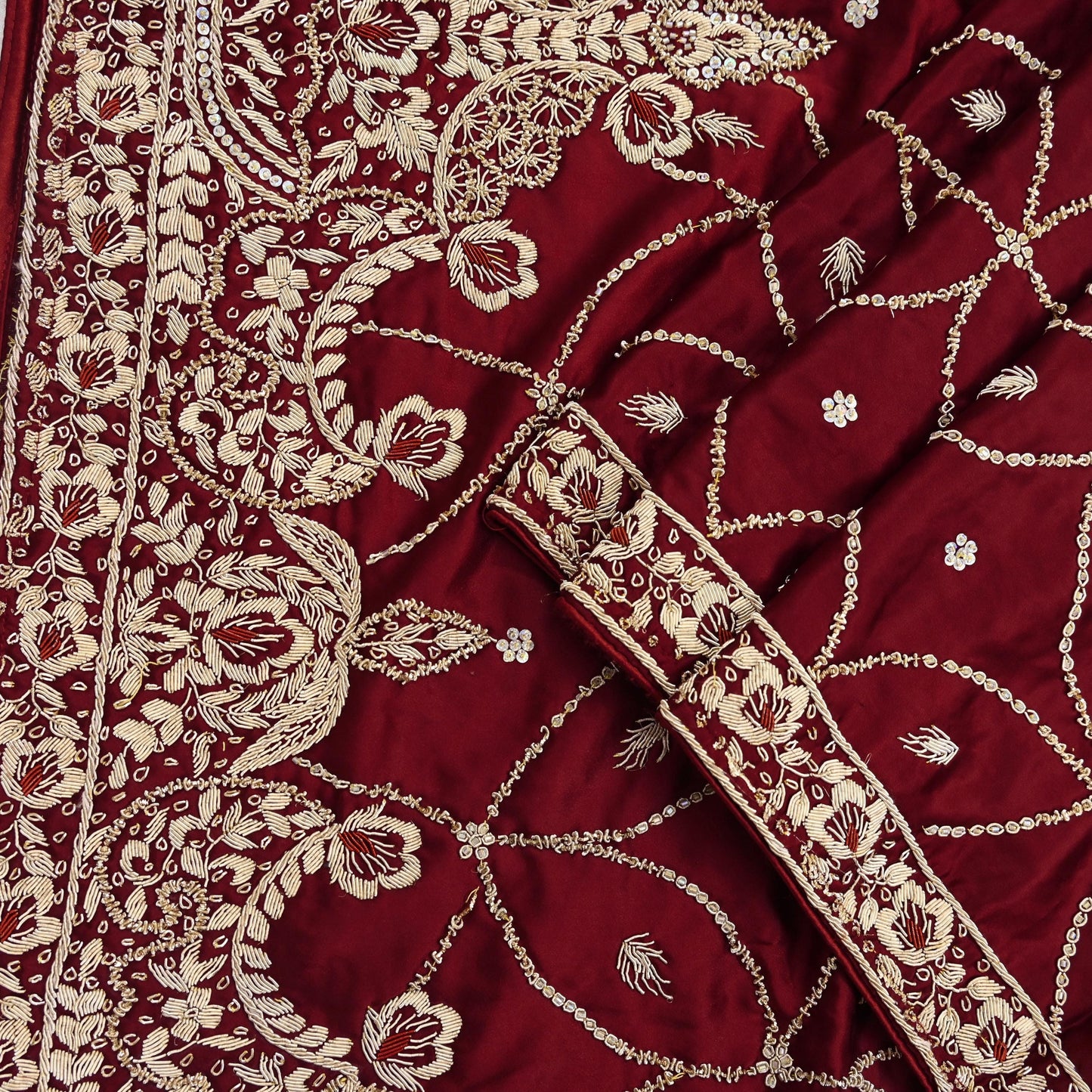 Indian Vintage Heavy Wedding Maroon Dupatta Pure Satin Silk Long Stole Hand Embroidered Scarves Golden Zardozi Bridal Veil