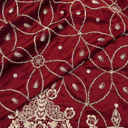 Indian Vintage Heavy Wedding Maroon Dupatta Pure Satin Silk Long Stole Hand Embroidered Scarves Golden Zardozi Bridal Veil