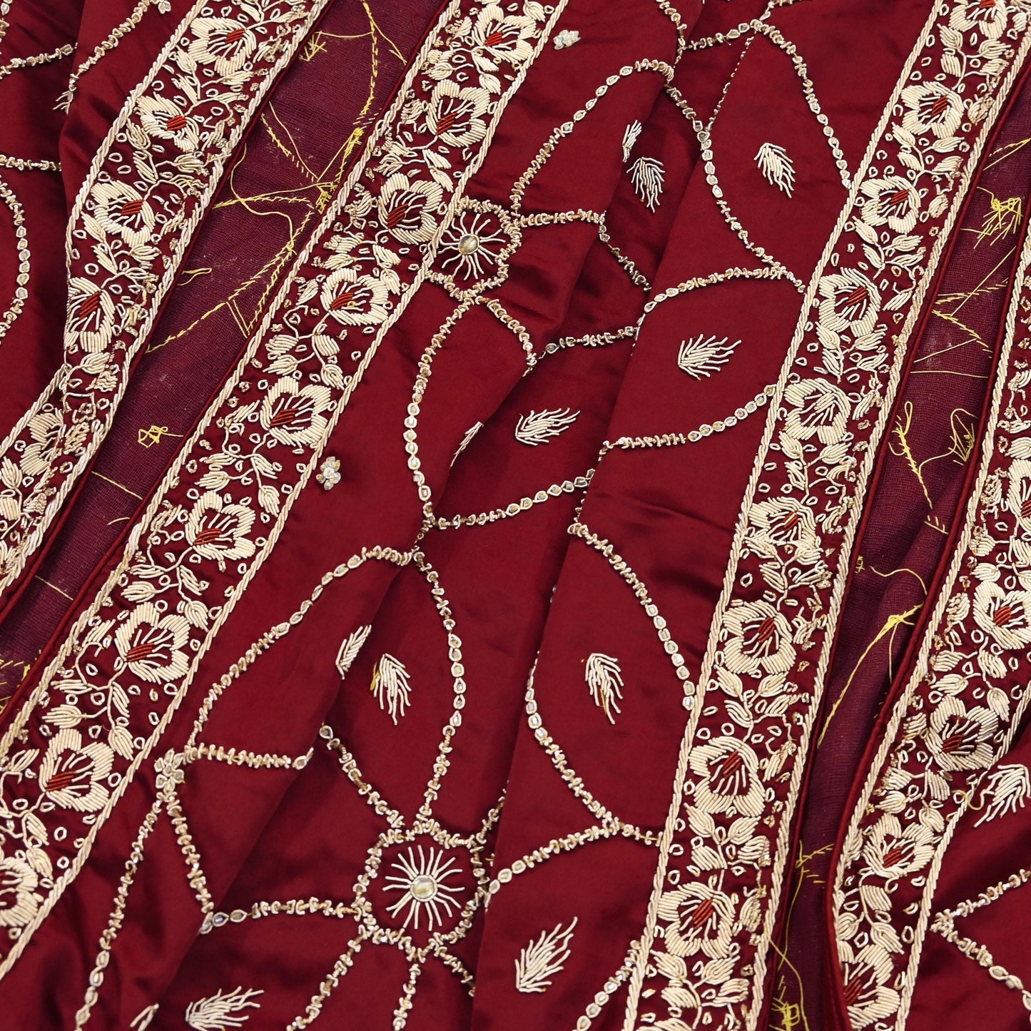Indian Vintage Heavy Wedding Maroon Dupatta Pure Satin Silk Long Stole Hand Embroidered Scarves Golden Zardozi Bridal Veil