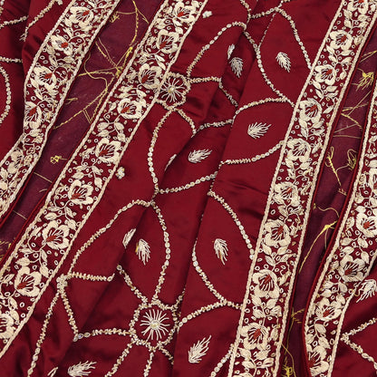 Indian Vintage Heavy Wedding Maroon Dupatta Pure Satin Silk Long Stole Hand Embroidered Scarves Golden Zardozi Bridal Veil